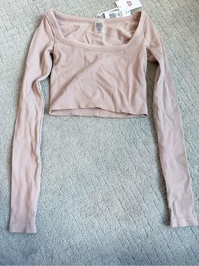 Sunday Best Ribbed Long-Sleeve Square Neck Crop Top - Light Blush